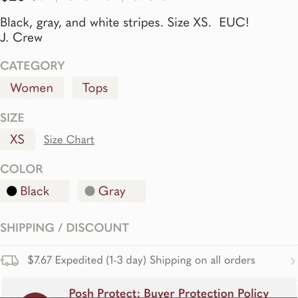 J. Crew Striped Top Size XS Black, White, Grey